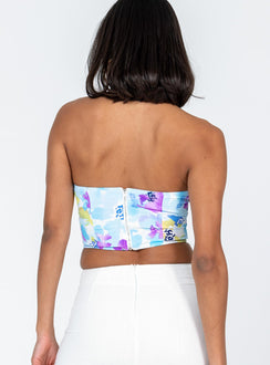 back view of model wearing Princess Polly Kianni Strapless Top Blue Sleeveless Sweetheart 