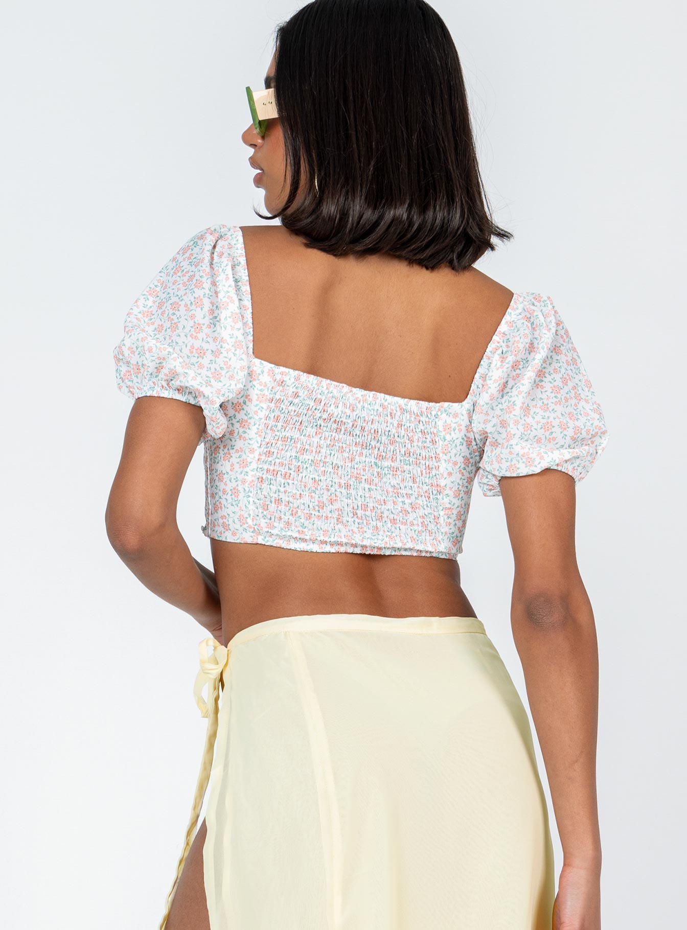 back view of model wearing Princess Polly Bellfield Top White Short Sleeves Square Neck 
