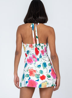 back view of model wearing Princess Polly Elaine Mini Dress White Floral V-Neck 