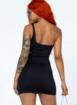 Front view of model wearing  front Princess Polly Asymmetric Neckline  Jessika Mini Dress Black