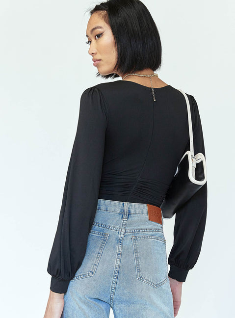 back view of model wearing Princess Polly Jude Long Sleeve Bodysuit Black Full Sleeves Plunger 