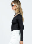 side view of model wearing Princess Polly Belli Cut Out Bodysuit Black Full Sleeves High Neck 