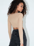 back view of model wearing Princess Polly Leandra Long Sleeve Top Beige 