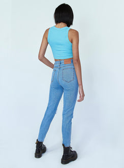 back view of model wearing Princess Polly Lilla Distressed Straight Leg Denim Jeans High Waisted 