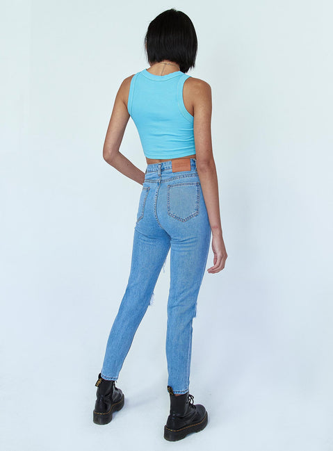 back view of model wearing Princess Polly Lilla Distressed Straight Leg Denim Jeans High Waisted 