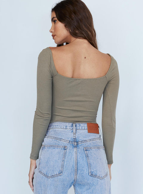 back view of model wearing Princess Polly Charlotte Bodysuit Khaki Full Sleeves Square Neck 