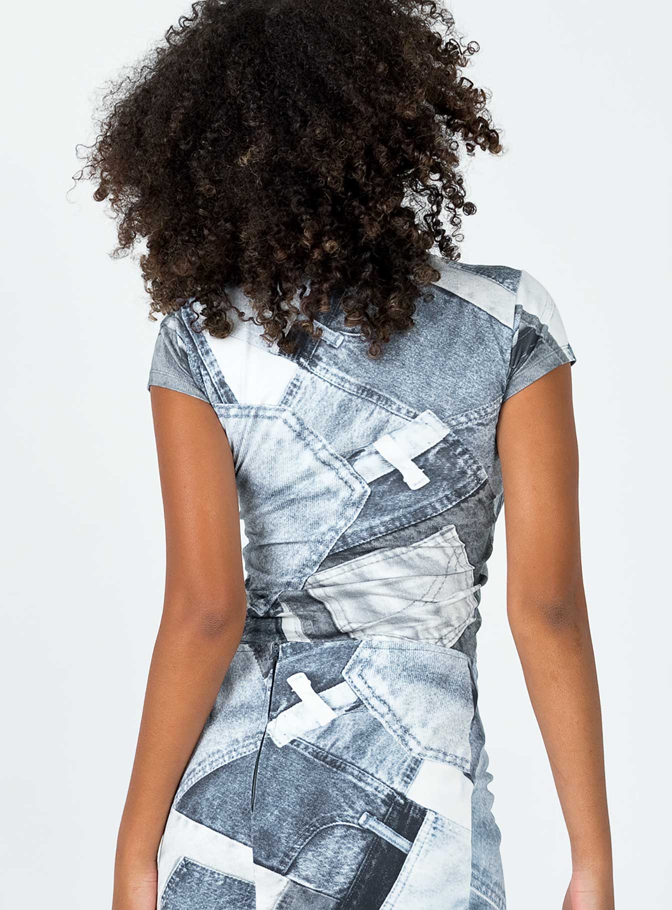 back view of model wearing Princess Polly Motel Tiona Top Denim Pocket Blue Short Sleeves High Neck 