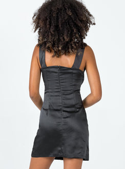 back view of model wearing Princess Polly Keeley Lace Satin Dress Black V-Neck 