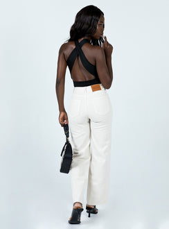 back view of model wearing Princess Polly Mamaia Straight Leg Denim Jeans Cream Low Rise Jeans 