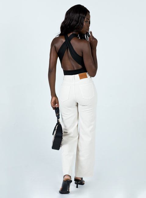 back view of model wearing Princess Polly Mamaia Straight Leg Denim Jeans Cream Low Rise Jeans 
