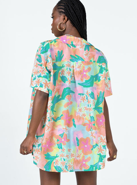 Matching set Floral print Short sleeve shirt Classic collar Button fastening at front Strapless mini dress Inner silicone strip Elasticated band at back Invisible zip fastening at side