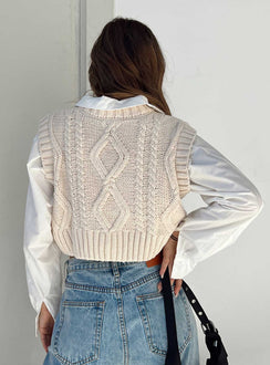 back view of model wearing Princess Polly Carey Sweater Vest Beige Cropped 