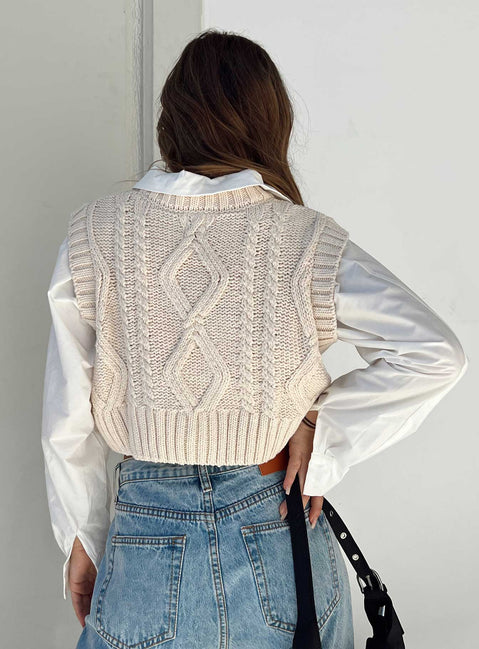 back view of model wearing Princess Polly Carey Sweater Vest Beige Cropped 