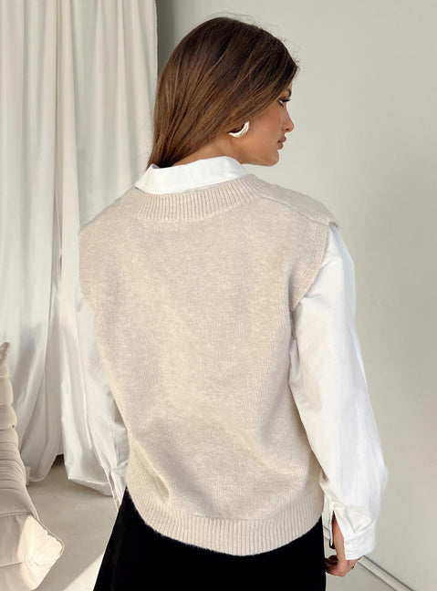 back view of model wearing Princess Polly Lexie Sweater Vest Cream Cropped Jumpers 