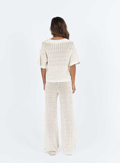 Matching set Knit material Cropped shirt Classic collar Button fastening at front Pants Thick elasticated waistband Wide leg Good stretch Unlined 