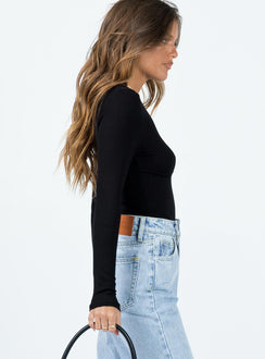 side view of model wearing Princess Polly Swenson Long Sleeve Bodysuit Black Full Sleeves Scoop Neck 