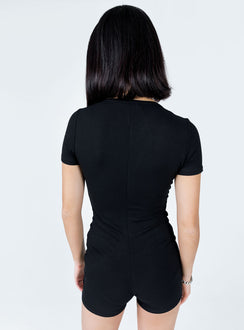 Black romper Ribbed material  Cap sleeves  Button front fastening 