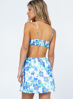back view of model wearing Princess Polly Offshore Mini Dress Blue Floral 