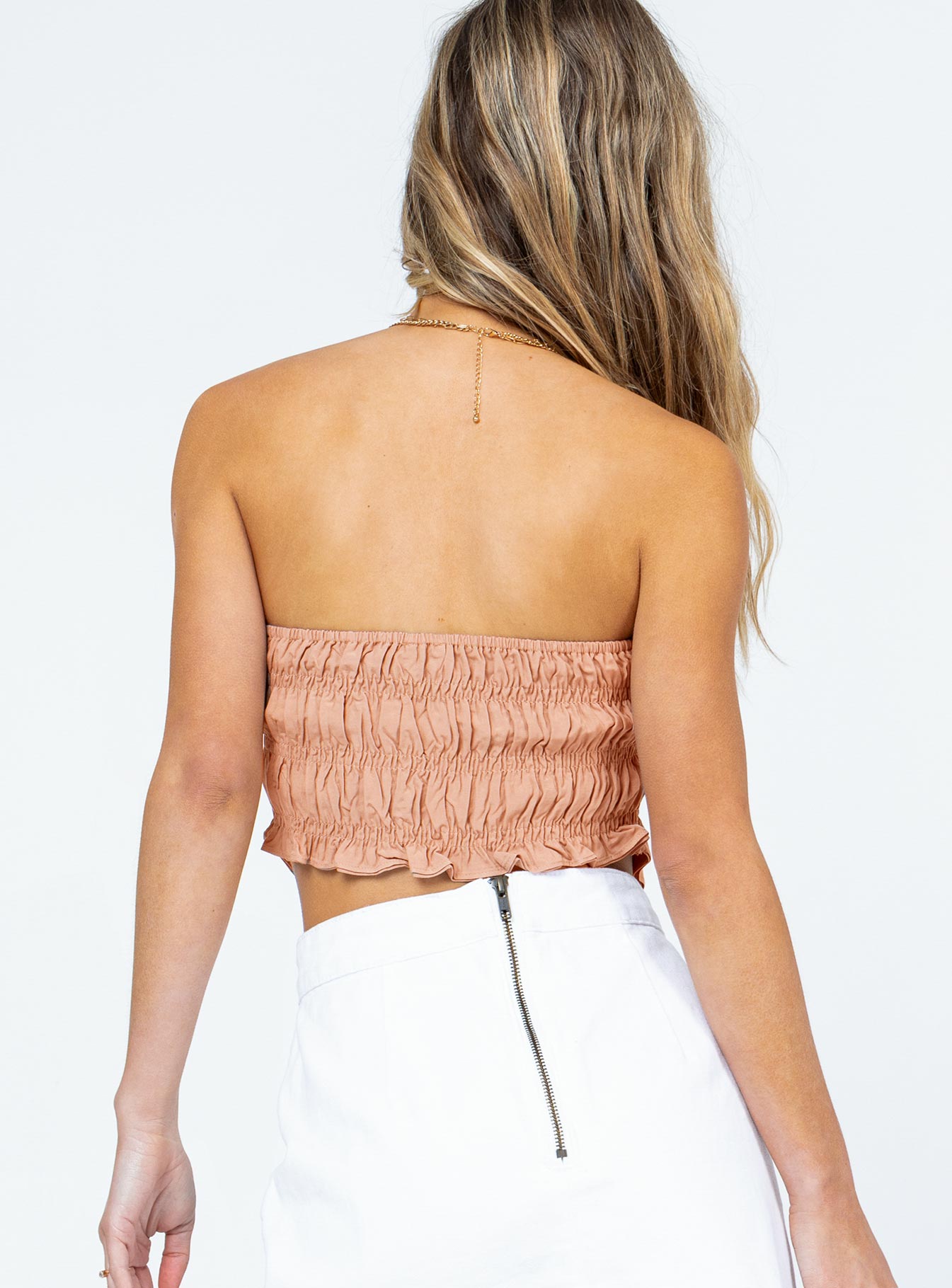 back view of model wearing Princess Polly Rowland Top Beige 