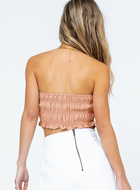 back view of model wearing Princess Polly Rowland Top Beige 
