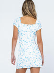 back view of model wearing Princess Polly Jayla Mini Dress Blue Floral 