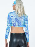 back view of model wearing Princess Polly Harlyn Long Sleeve Top Blue Full Sleeves Crew Neck 