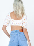 back view of model wearing Princess Polly Caribou Top White Floral Half Sleeves Square Neck 