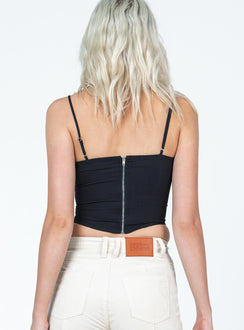 back view of model wearing Princess Polly Durant Top Black Sleeveless Sweetheart 