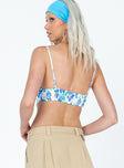 back view of model wearing Princess Polly Cardinia Top Blue Floral Sleeveless Sweetheart 