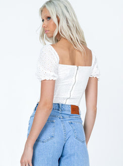 back view of model wearing Princess Polly Fawkner Top White Short Sleeves Square Neck 