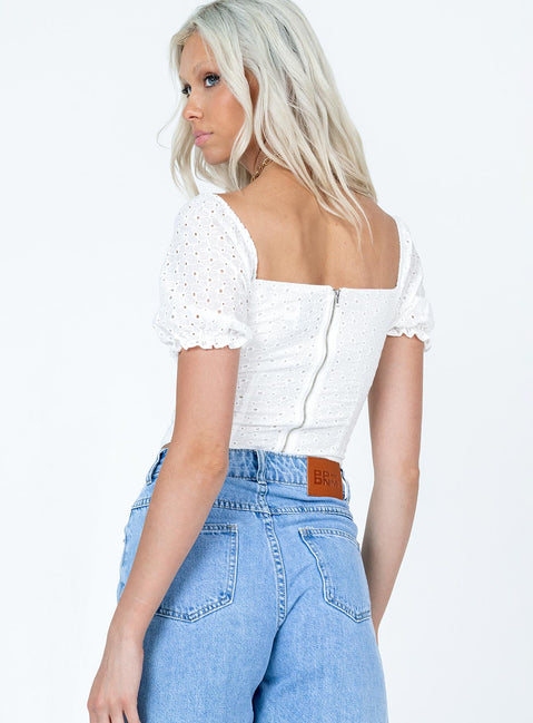 back view of model wearing Princess Polly Fawkner Top White Short Sleeves Square Neck 