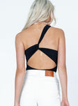 back view of model wearing Princess Polly Beckham Bodysuit Black Sleeveless Asymmetric Neckline 