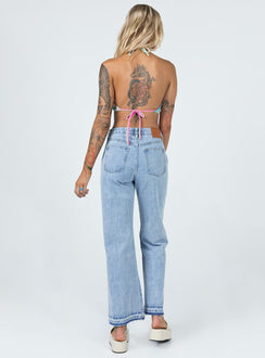 back view of model wearing Princess Polly Holmes Low Rise Frayed Hem Denim Jeans Mid Rise 