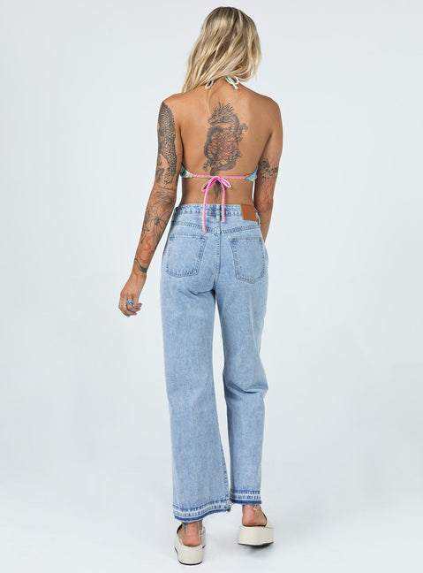 back view of model wearing Princess Polly Holmes Low Rise Frayed Hem Denim Jeans Mid Rise 