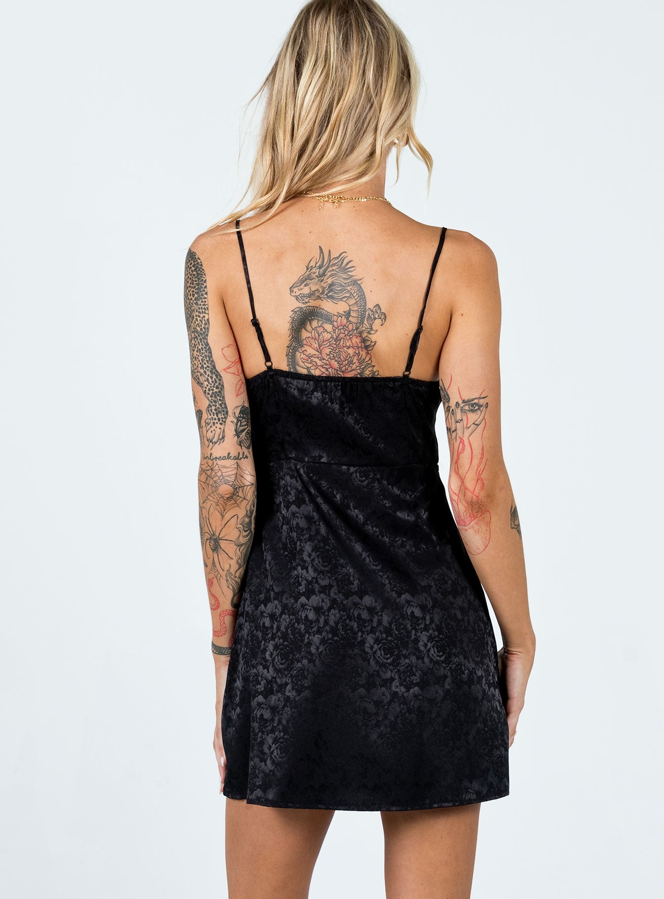 back view of model wearing Princess Polly Diva Mini Dress Black 