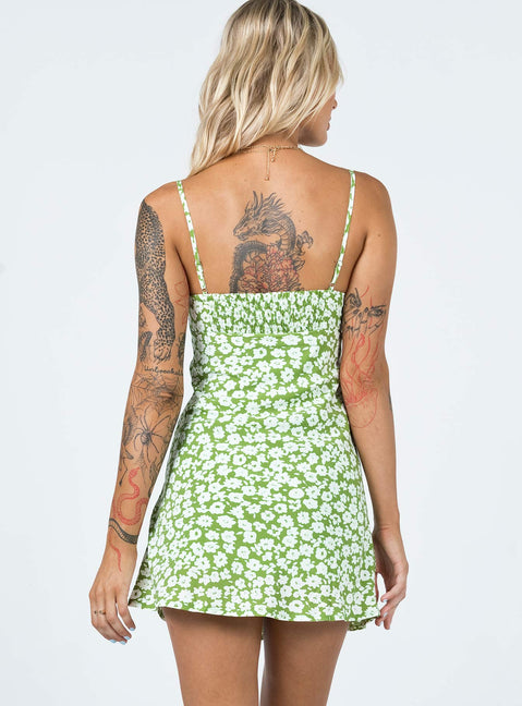 back view of model wearing Princess Polly Tasmin Mini Dress Green Floral 