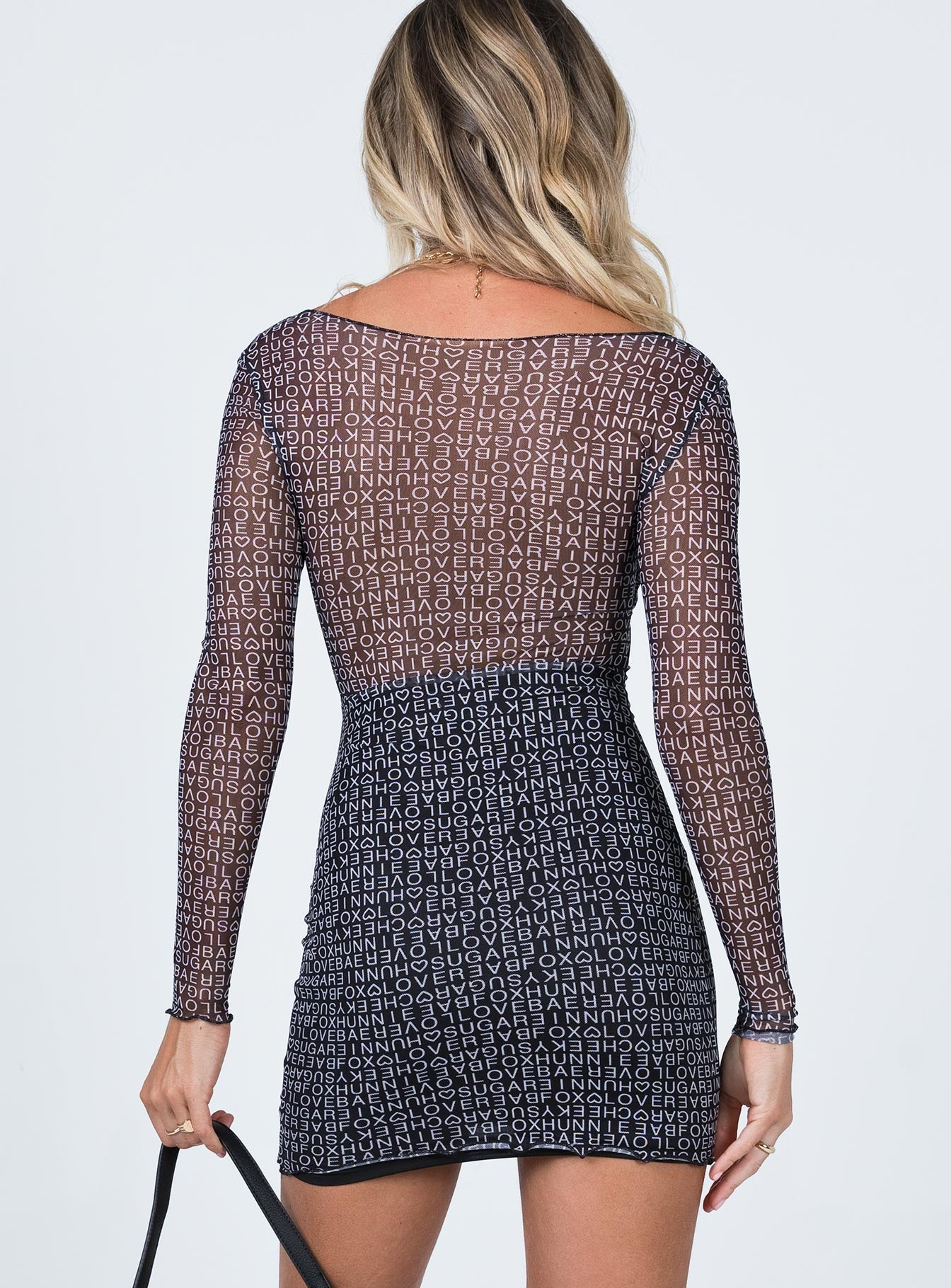 back view of model wearing Princess Polly Text Me Mini Dress Black 