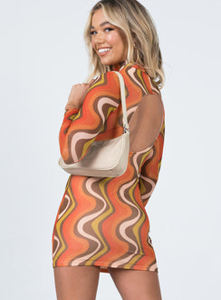 product Princess Polly Asymmetric Neckline  Orion Long Sleeve Mini Dress Orange Multi