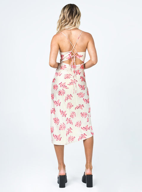 back view of model wearing Princess Polly Gigi Midi Dress Cream / Pink Floral 