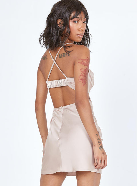 back view of model wearing Princess Polly Jemma Mini Dress Champagne 