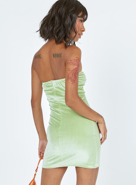 back view of model wearing Princess Polly Emily Strapless Mini Dress Sage 