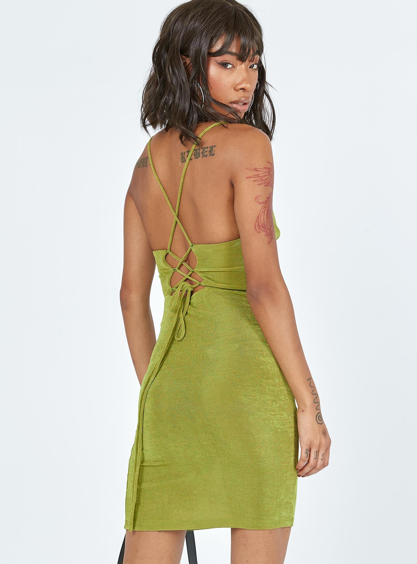 back view of model wearing Princess Polly Aaliyah Mini Dress Green 
