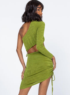 back view of model wearing Princess Polly Imelda Long Sleeve Mini Dress Green 