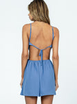 Blue romper Adjustable shoulder straps  Gathered bust  Tie fastening at back  Exposed back  Elasticated waist  Non-stretch