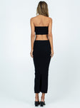 Black matching set Knit material  Strapless crop top  High waisted midi skirt  Elasticated waistband  Back slit 