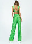 Green matching set Silky material  Pleated detail  Crop top  Plunging neckline  High waisted pants  Elasticated waistband  Wide leg 