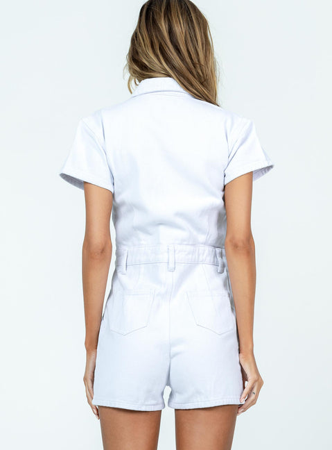 White romper Denim material Button front fastening Multiple pockets Belt loops at waist Short capped sleeves