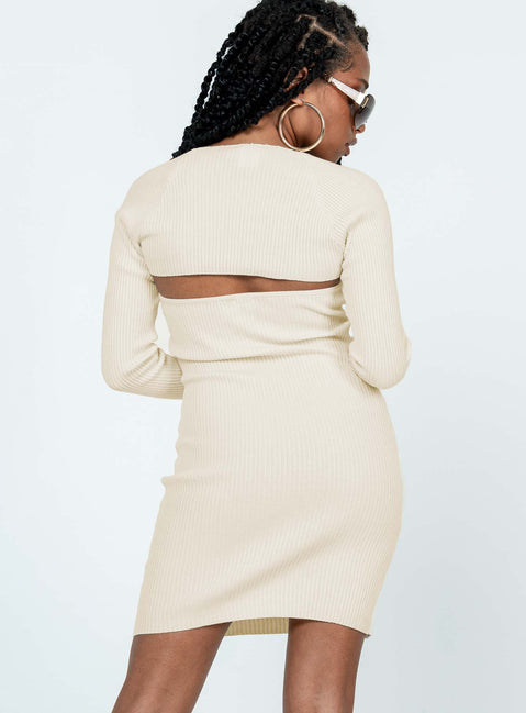 back view of model wearing Princess Polly Hellie Mini Dress Cream Sweetheart Neckline 