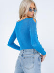 back view of model wearing Princess Polly Gianna Long Sleeve Bodysuit Blue Full Sleeves Scoop Neck 