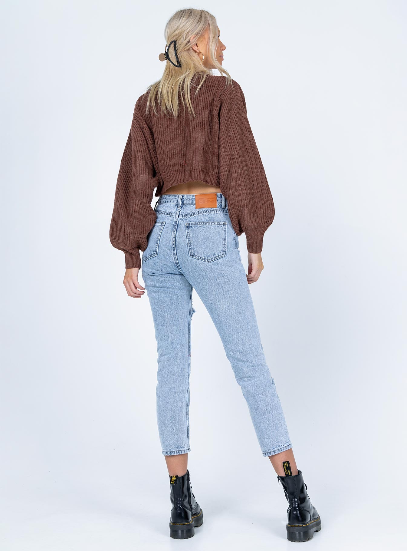 back view of model wearing Princess Polly New Jersey Skinny Leg Denim Jeans Mid Rise 